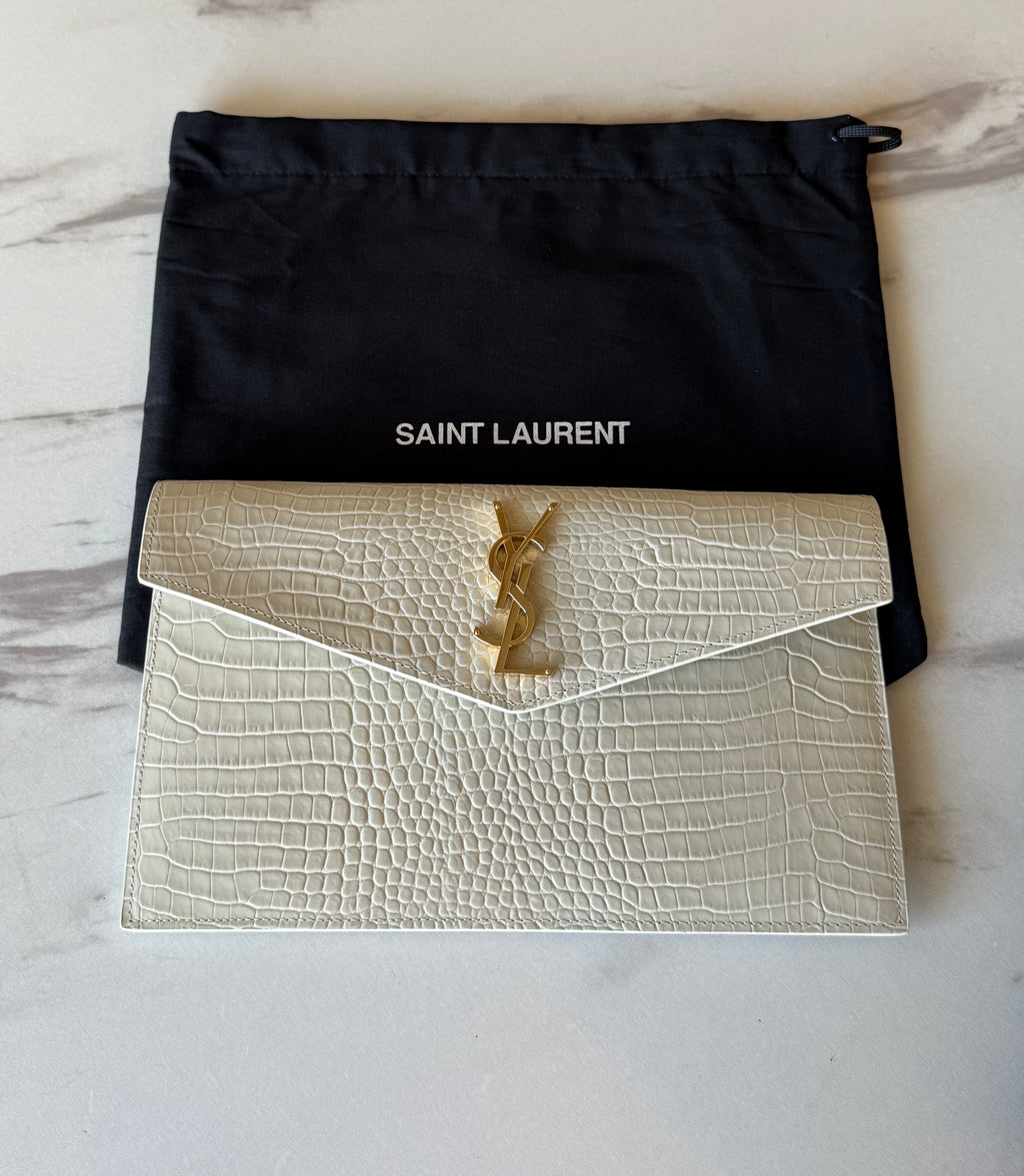 YSL UPTOWN POUCH IN CROCODILE SHINY LEATHER WHITE