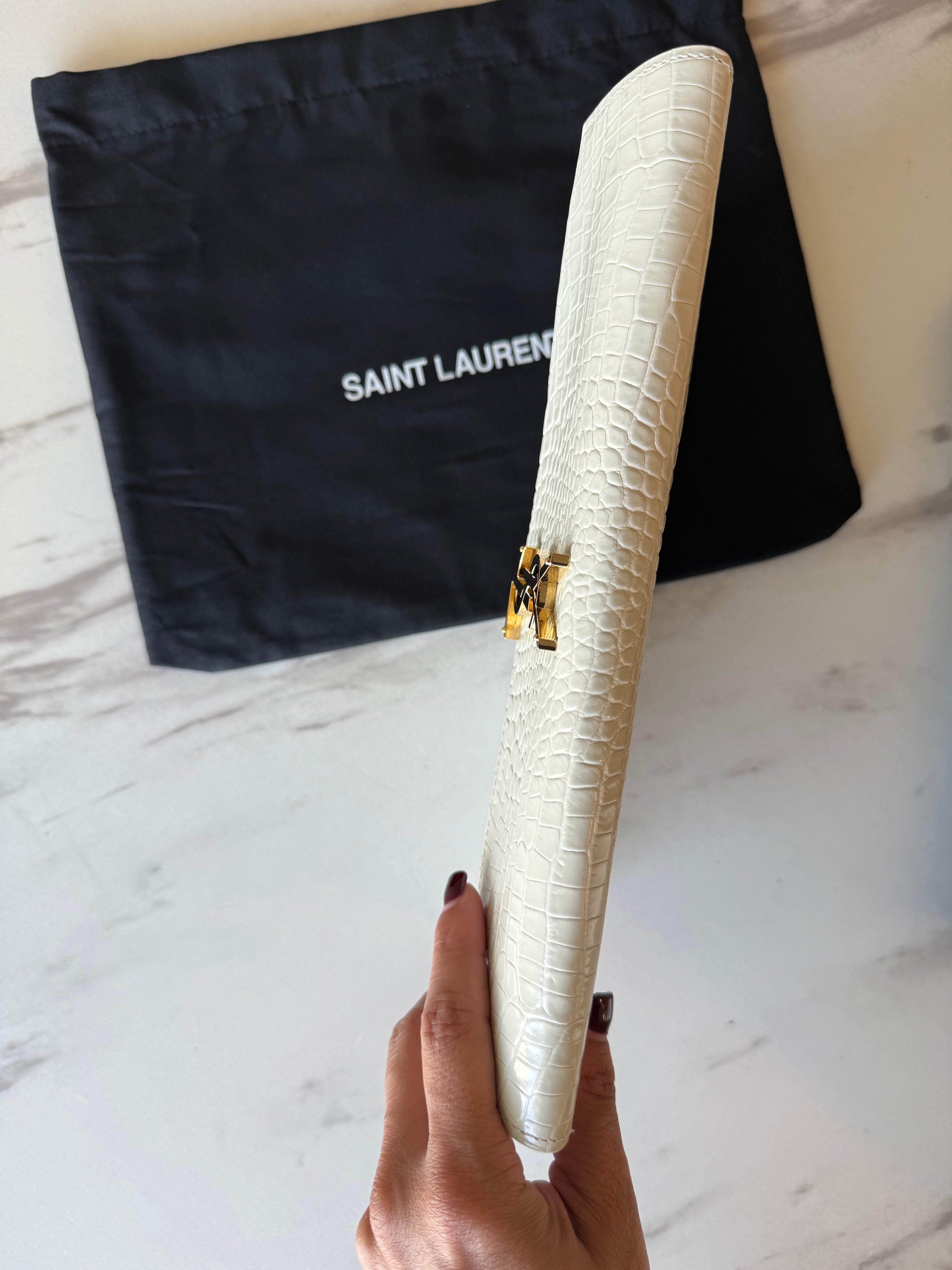 YSL UPTOWN POUCH IN CROCODILE SHINY LEATHER WHITE