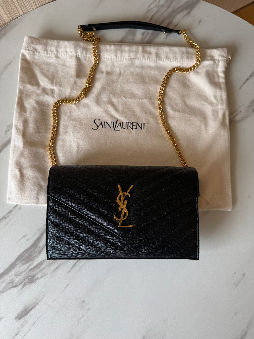SAINT LAURENT CASSANDRE ENVELOPE CHAIN WALLET