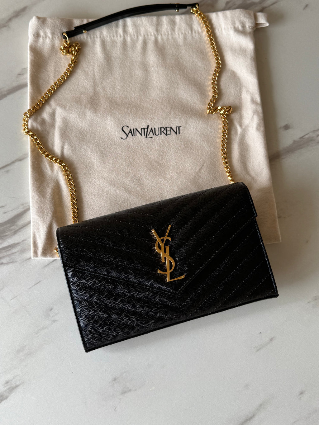 SAINT LAURENT CASSANDRE ENVELOPE CHAIN WALLET