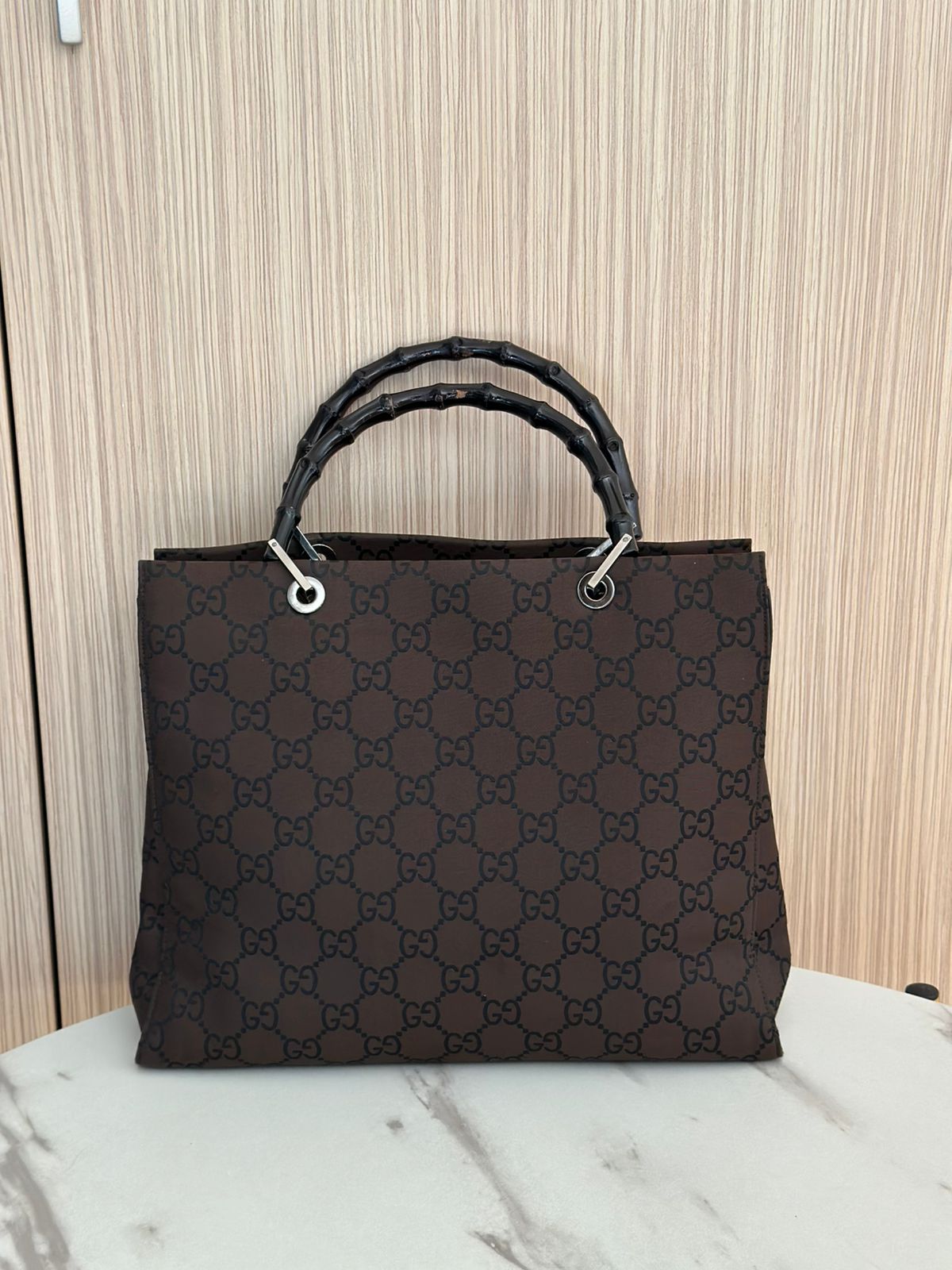 Gucci Brown GG Nylon Bamboo Tote Bag